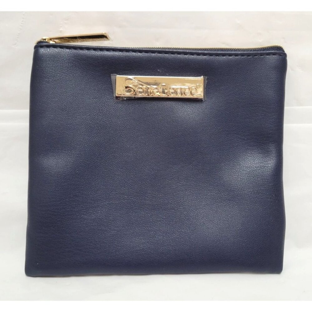SeneGence Dark Navy Blue Square Leather Zippered Cosmetic Makeup Bag - Picture 1 of 3